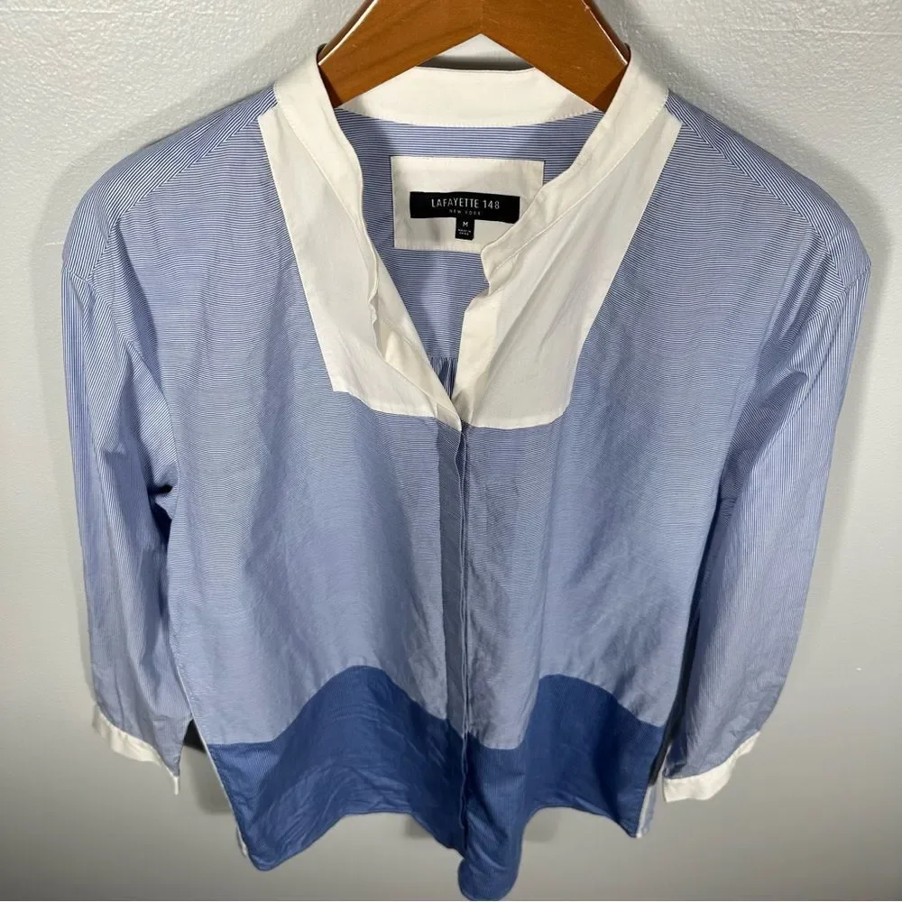 Lafayette 148 Blue White Pinstripe Chambray Colorblock Tunic Blouse Size Medium - Picture 14 of 15